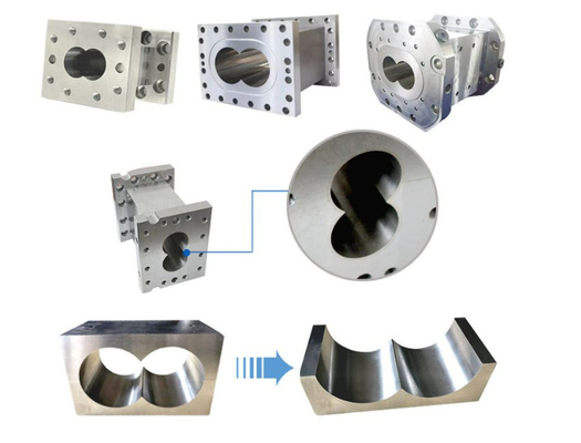 Parts voor parallelle twee-schroef-extruder voor de productie van verbindingen, re-compounds en regranulates